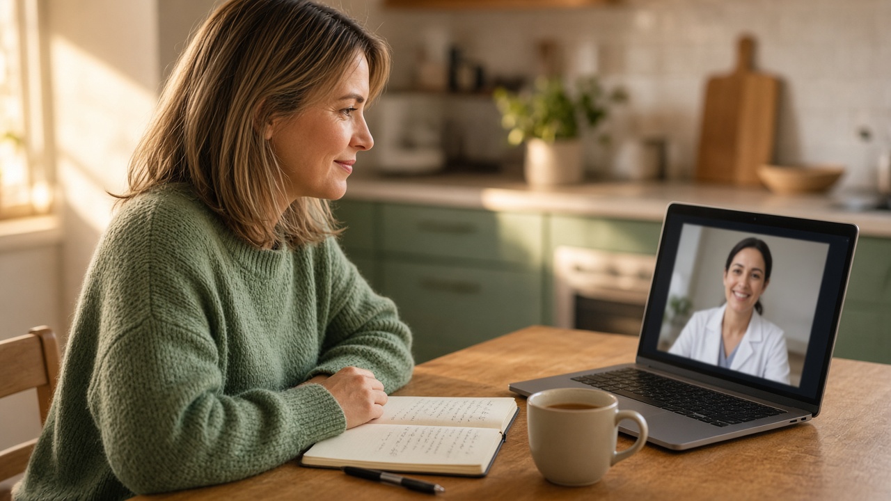 Lauren on a virtual visit with a GI provider at her kitchen table