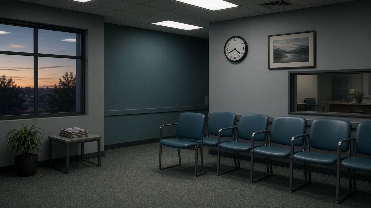 An empty clinic waiting room late in the afternoon